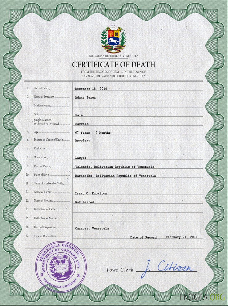 Modèle PSD de certificat de décès de l'état civil du Venezuela